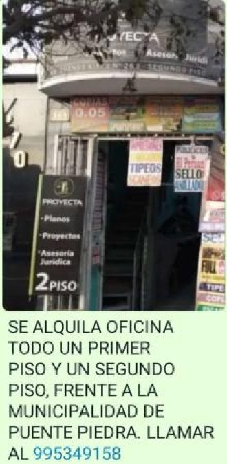SE ALQUILA OFICINAS FRENTE A LA MUNICIPALIDAD DE PUENTE PIEDRA