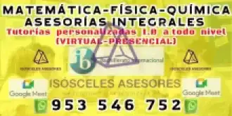 Asesorías integrales de MATEMÁTICA y ciencias I.B presencial-virtual con excelente metodología.
