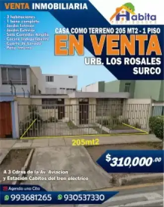 OPORTUNIDAD CASA COMO TERRENO 205 MT2 URB. LOS ROSALES - SURCO
