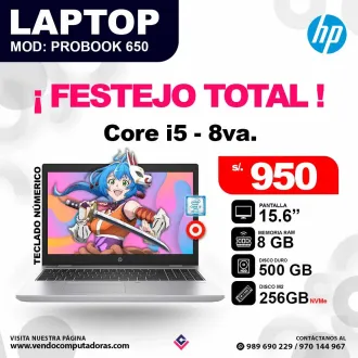 Laptop HP core i5 - 8va. PROBOOK 650 G4