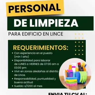 SE NECESITA PERSONAL DE LIMPIEZA PARA EDIFICIO EN LINCE