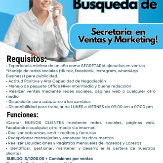URGENTE SECRETARIA EN VENTAS - MIRAFLORES