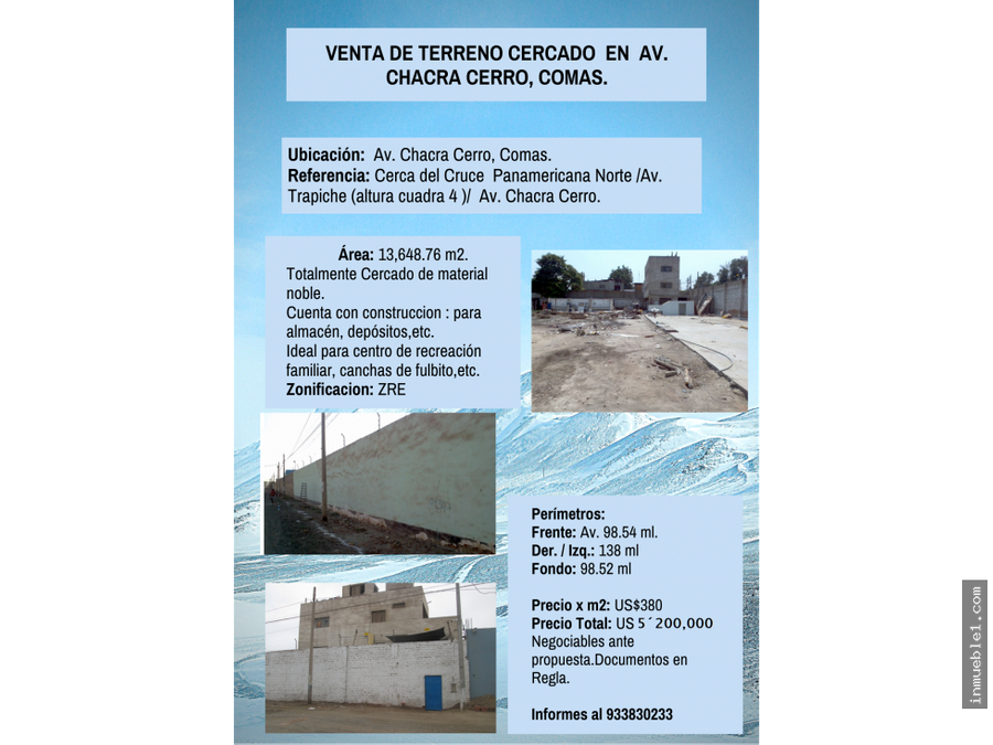 Venta terreno almacen cercado y oficinas en Av. Chacra Cerro Comas