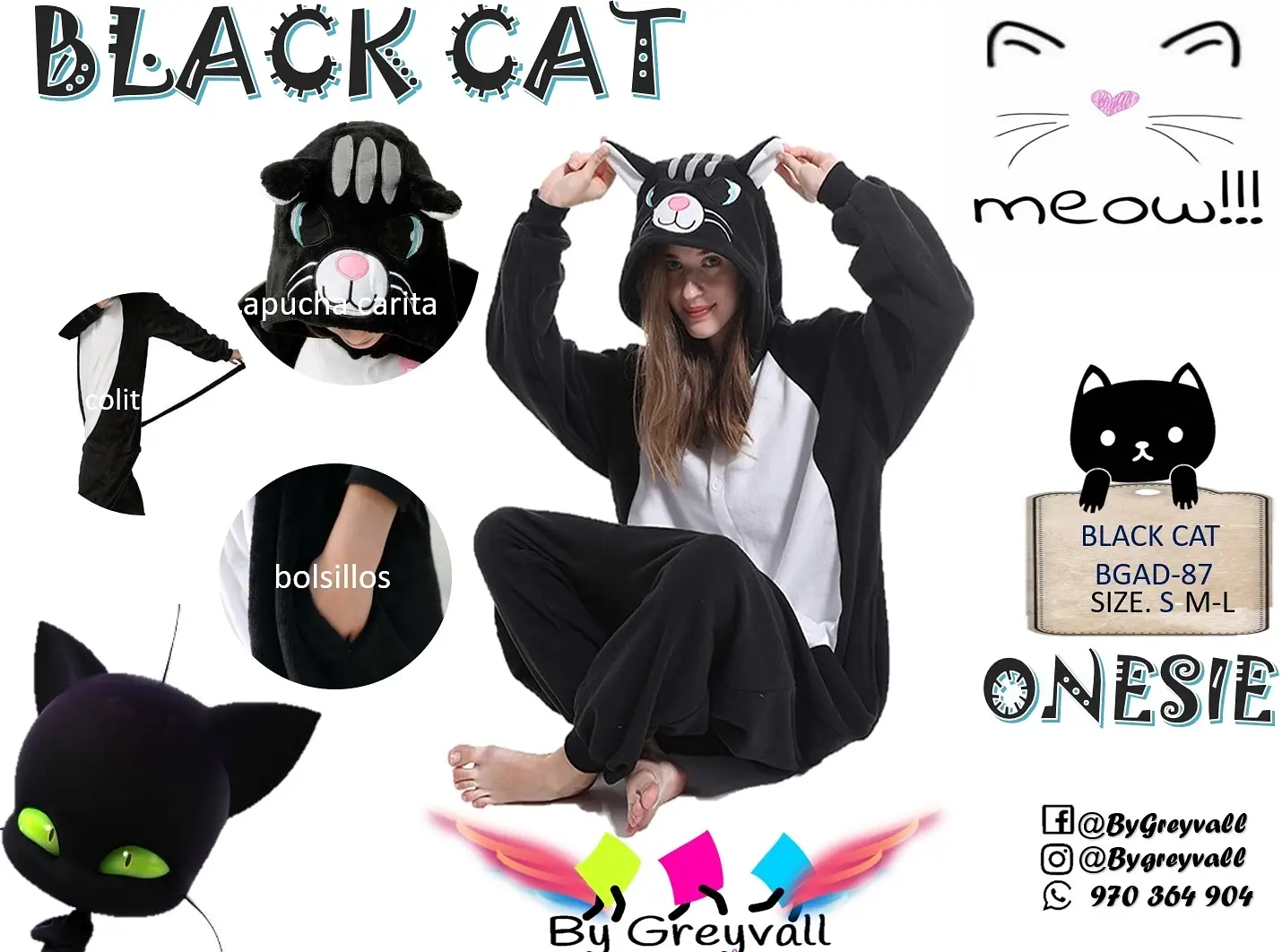 Onesie black cat disfraz gatos Pijama Bygreyvall