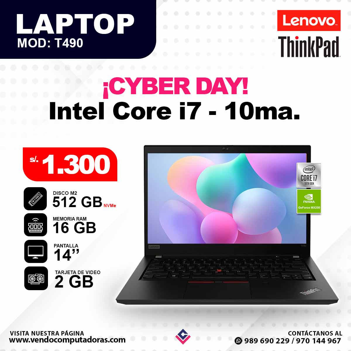Laptop LENOVO THINKPAD Intel Core i7 - 10ma. T490