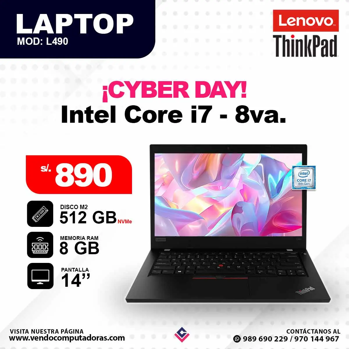 Laptop LENOVO Core i7 - 8va.