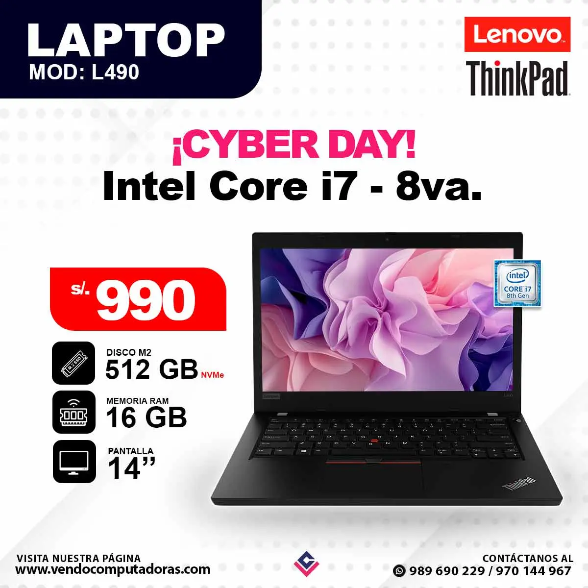 Laptop LENOVO THINKPAD Intel Core i7 - 8va. L490