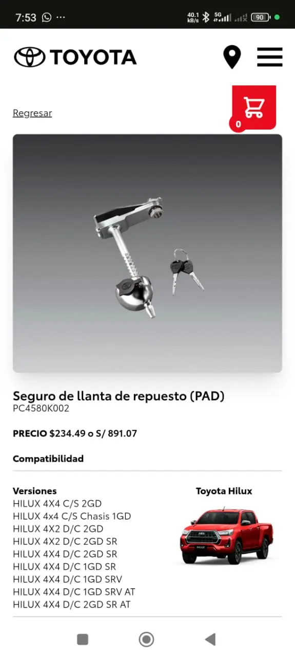 SEGURO DE LLANTA DE REPUESTO ORIGINAL TOYOTA HILUX 