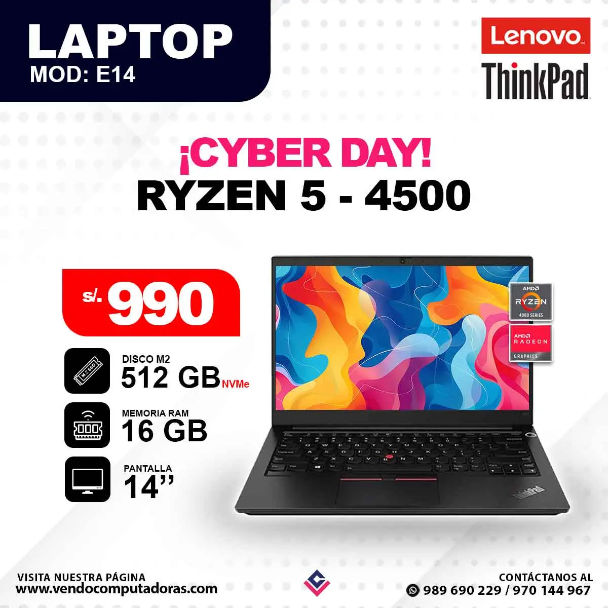 Laptop LENOVO Ryzen 5 - 4500 E14