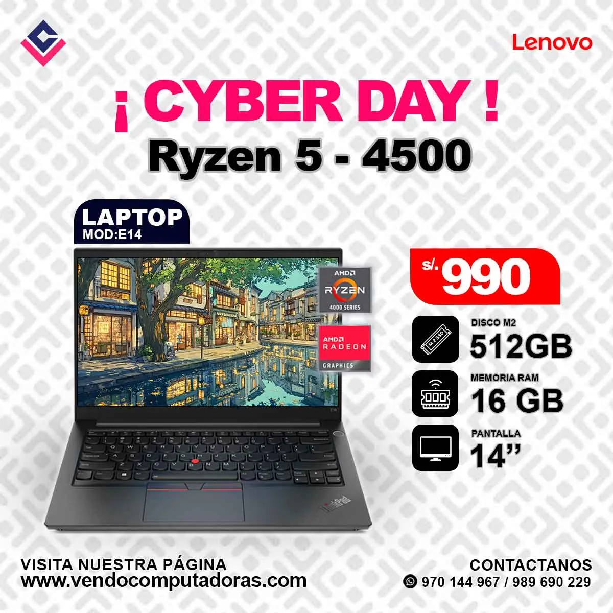 Laptop Lenovo RYZEN 5 - 4500 E14