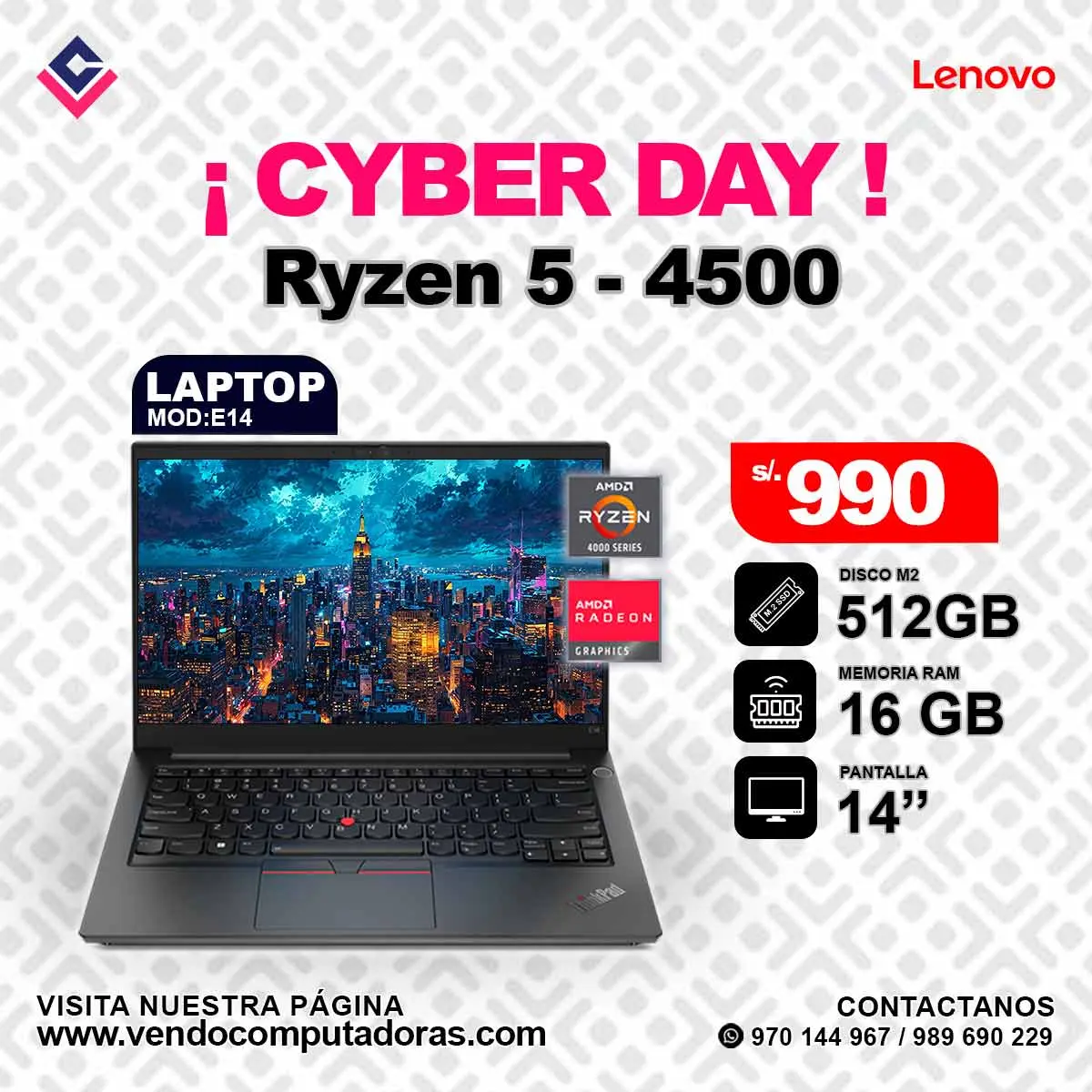 Laptop Lenovo RYZEN 5 - 4500 E14