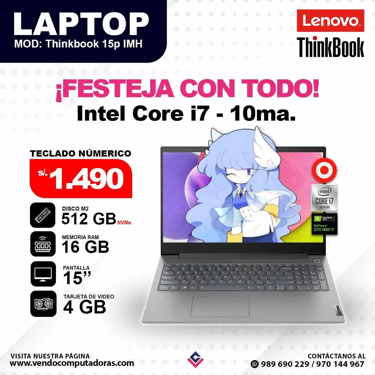 Laptop LENOVO THINKBOOK Core i7 - 10ma. Generación