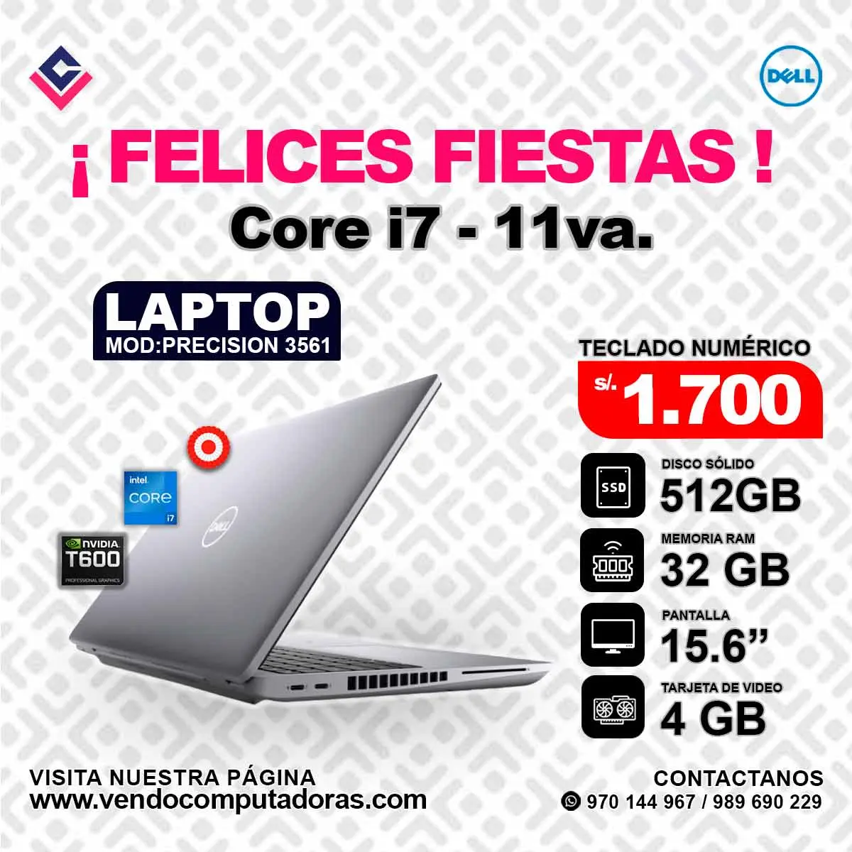 Laptop DELL Intel Core i7 - 11va. PRECISION 3561