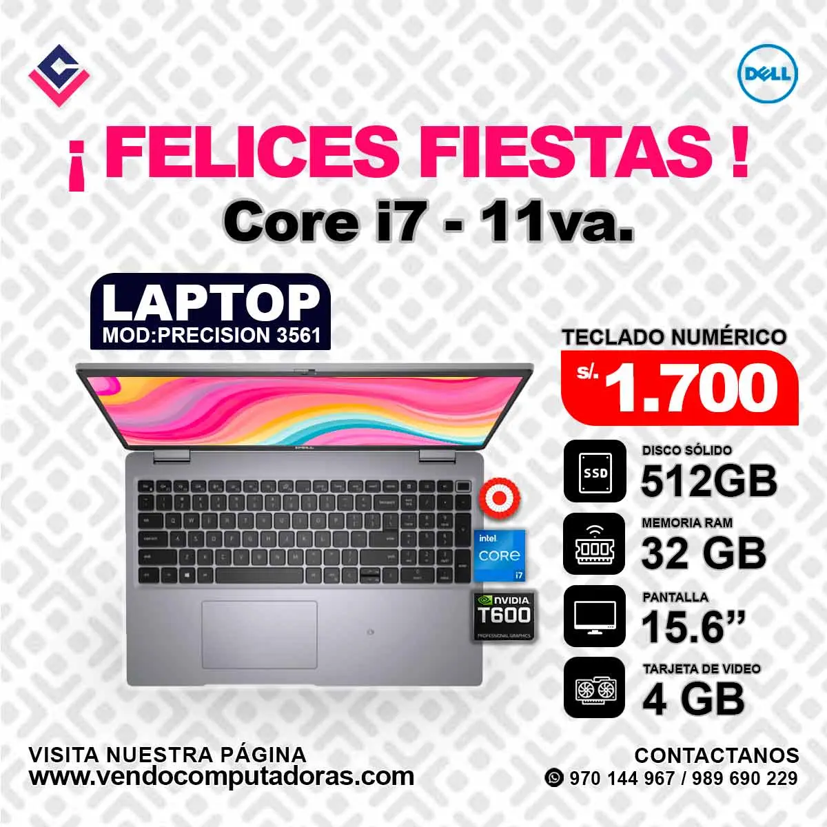 Laptop DELL Intel Core i7 - 11va. PRECISION 3561