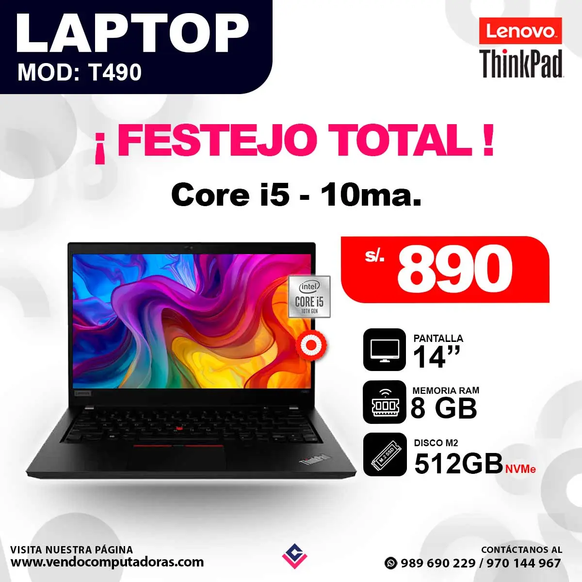 Laptop LENOVO THINKPAD core i5 - 10ma. T490
