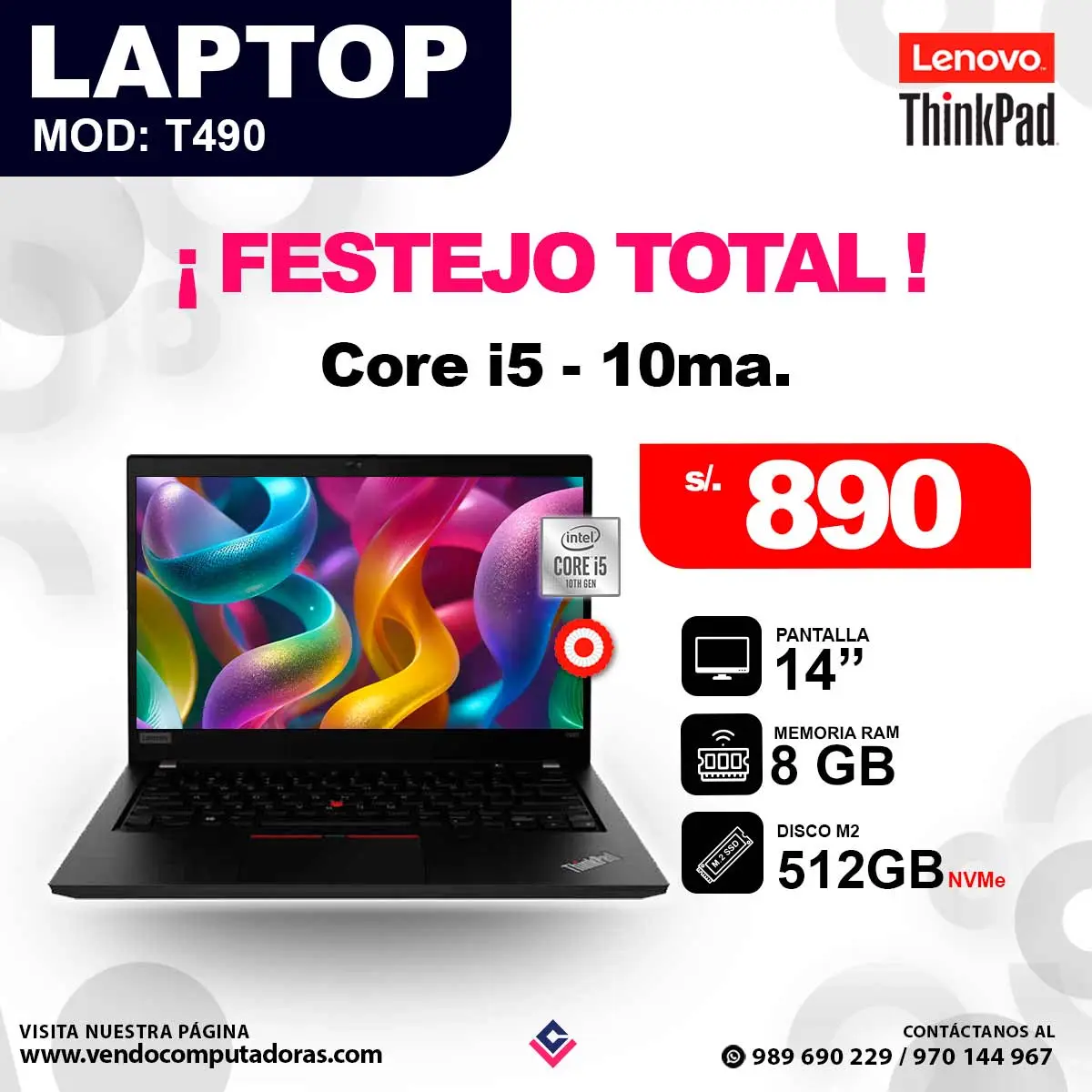 Laptop LENOVO THINKPAD core i5 - 10ma. T490