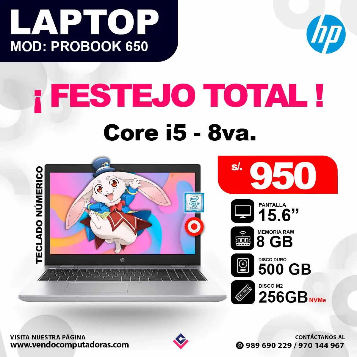 Laptop HP core i5 - 8va. PROBOOK 650 G4