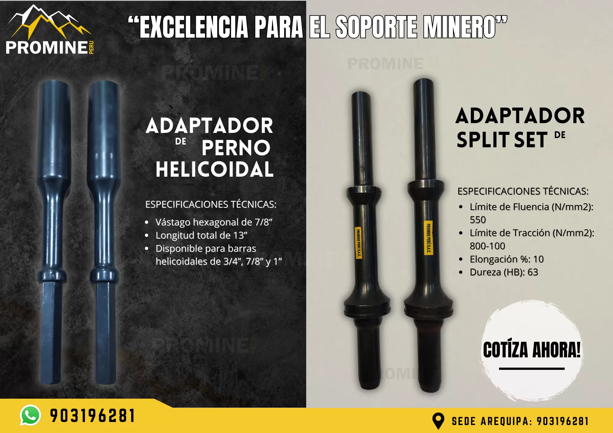 EXCELENCIA PARA EL SOPORTE MINERO-ADAPTADOR DE PERNO HELICOIDALADAPTADOR DE SPLIT SET PROMINE SAC 