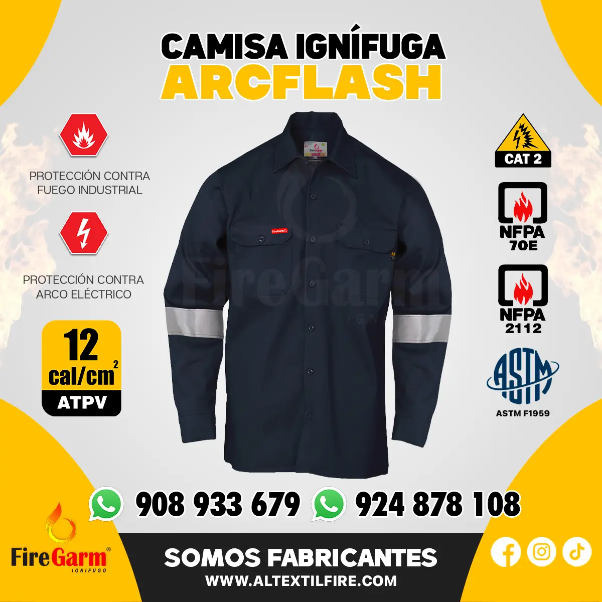CAMISA IGNÍFUGA ANTIFLAMA ARCFLASH DE 12 CALORIAS 