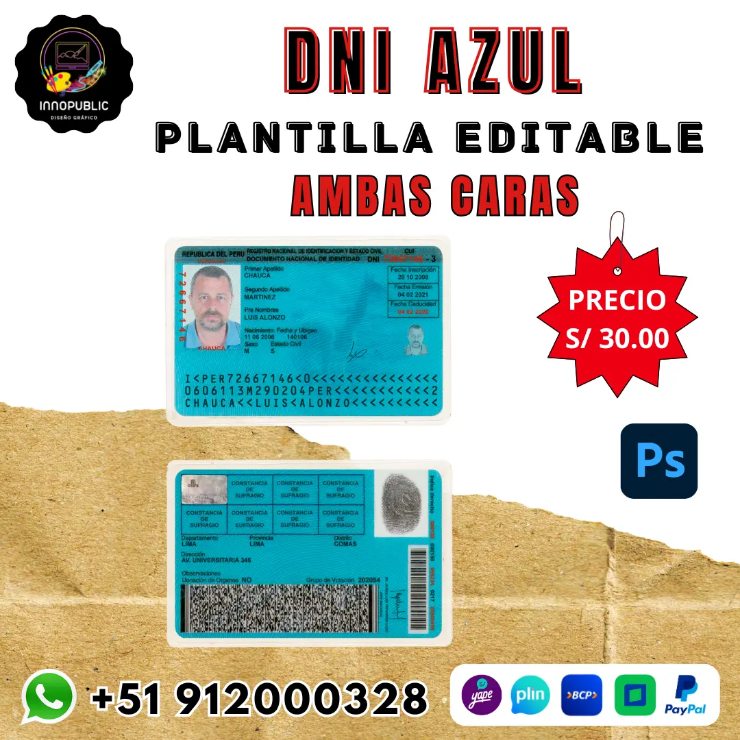 DNI Azul Perú Plantilla Editable en Photoshop PSD 