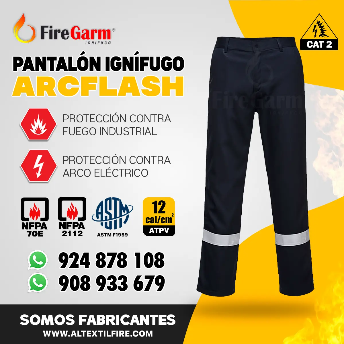 PANTALÓN IGNÍFUGO ANTIFLAMA ARCFLASH DE 12 CALORIAS 