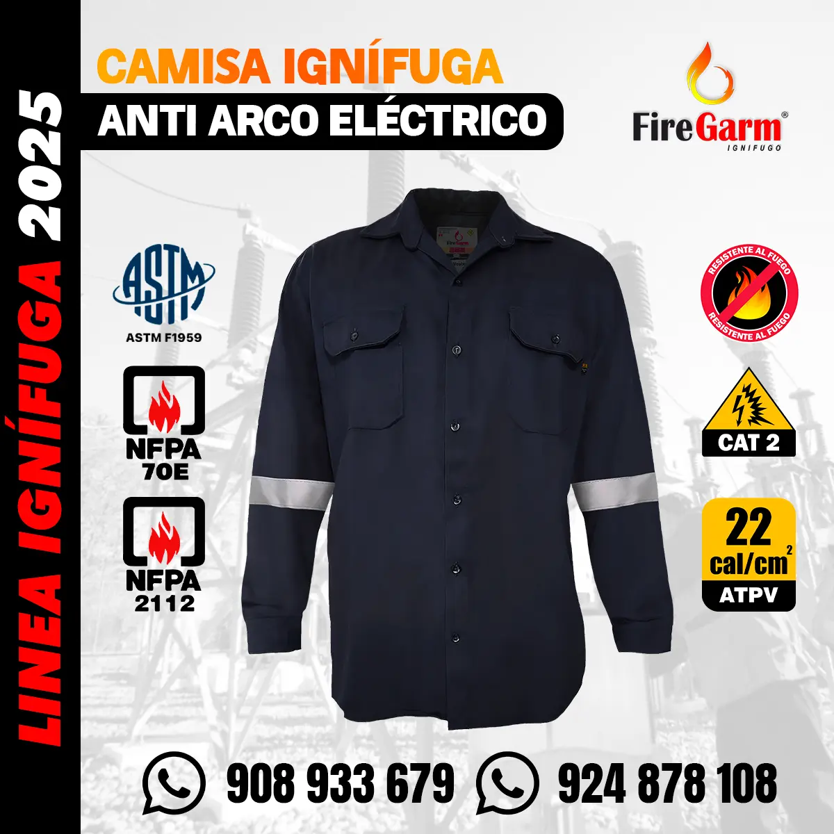 CAMISA IGNÍFUGA ANTIFLAMA ARCFLASH DE 22 CALORIAS 