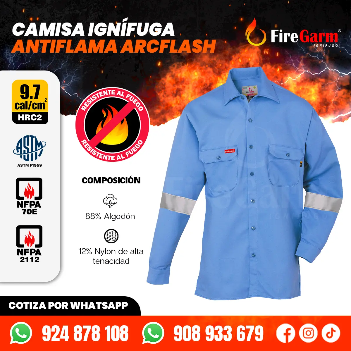 CAMISA IGNÍFUGA ANTIFLAMA ARCFLASH DE 9.7 CALORIAS 