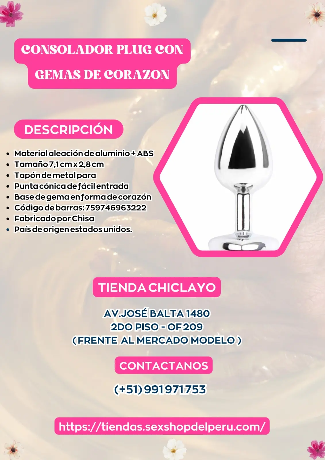 Consolador plug gema metal plateado