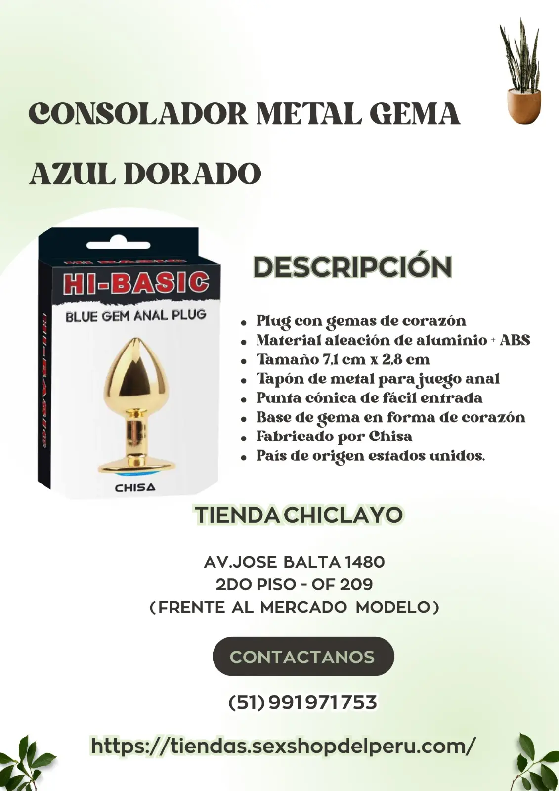 Consolador plug metal gema dorado