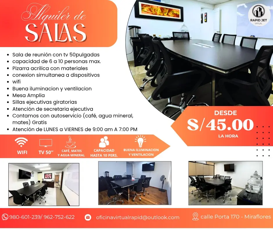 SALA DE REUNION EN MIRAFLORES DESDE S 45.00 LA HORA