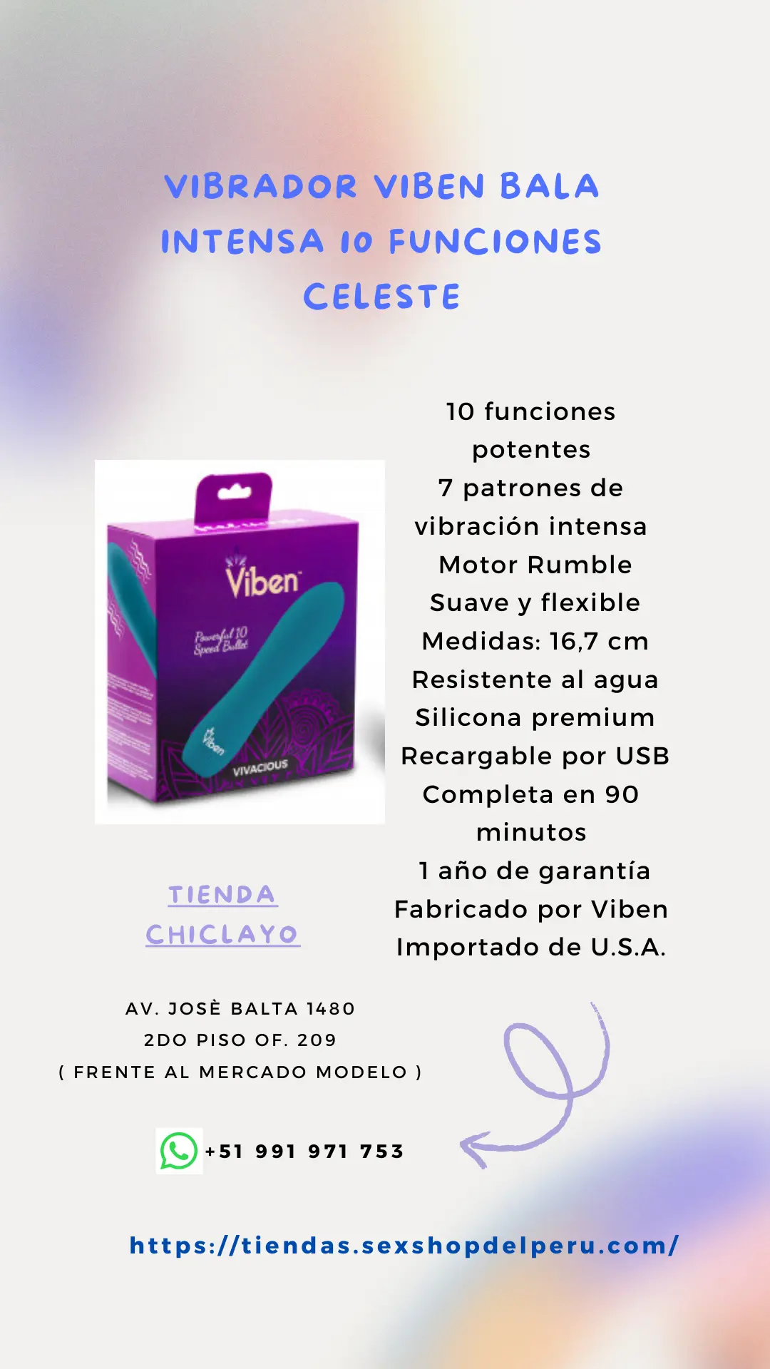 VIBRADOR VIBEN BALA INTENSA 10 FUNCIONES CELESTE