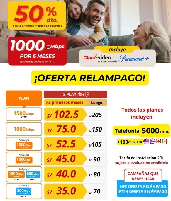  Claro 50 Dto Internet hasta 1500 Mbps desde S 35