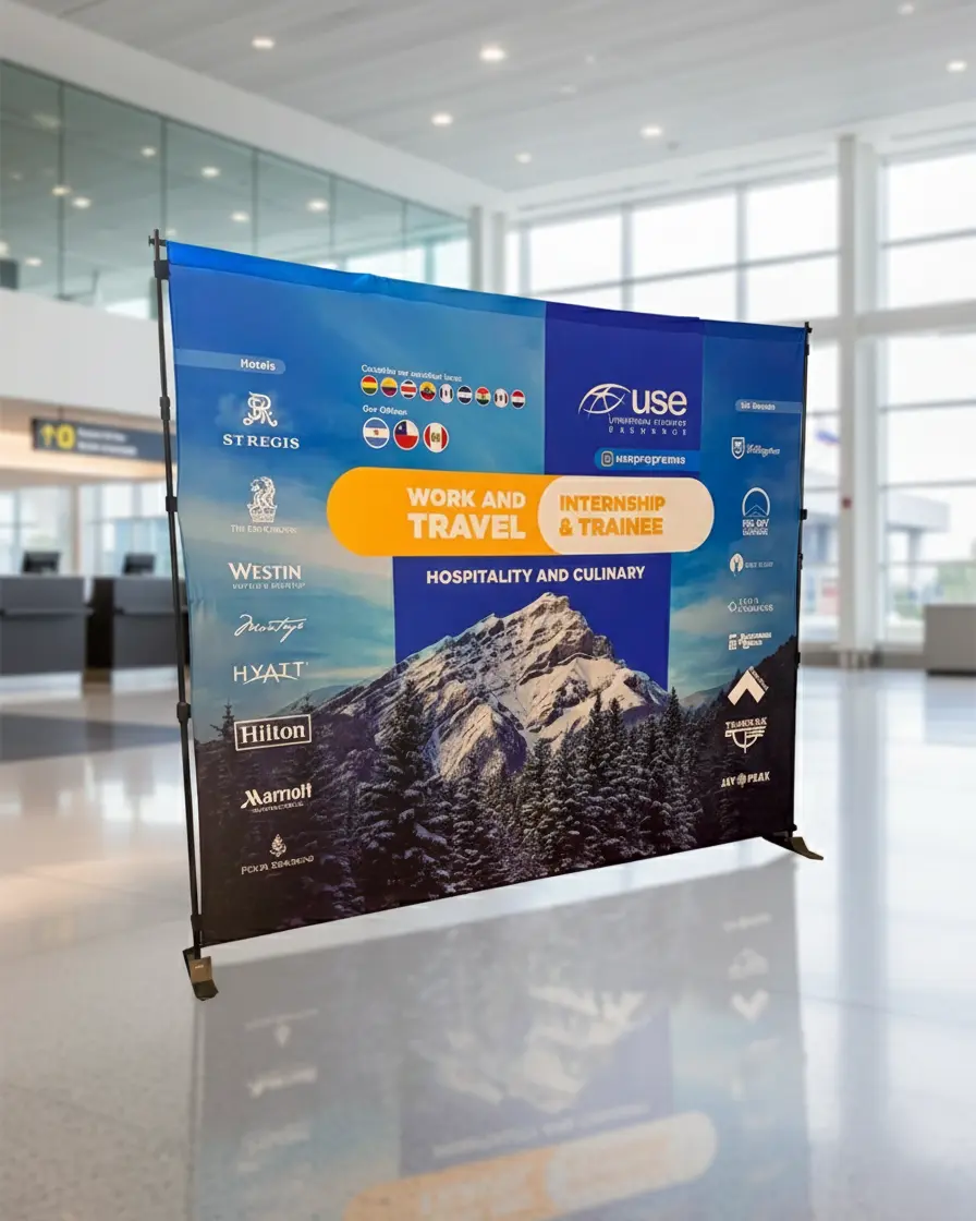 Backing de tela ajustable para eventos y ferias publicitaria