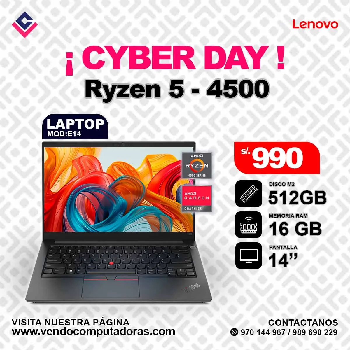Laptop Lenovo RYZEN 5 - 4500 E14