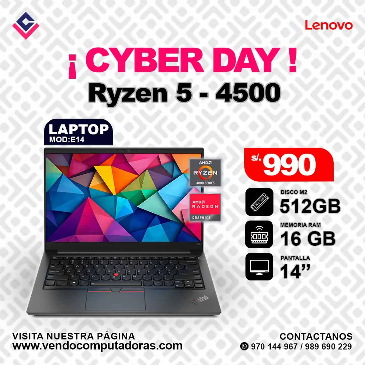 Laptop Lenovo RYZEN 5 - 4500 E14