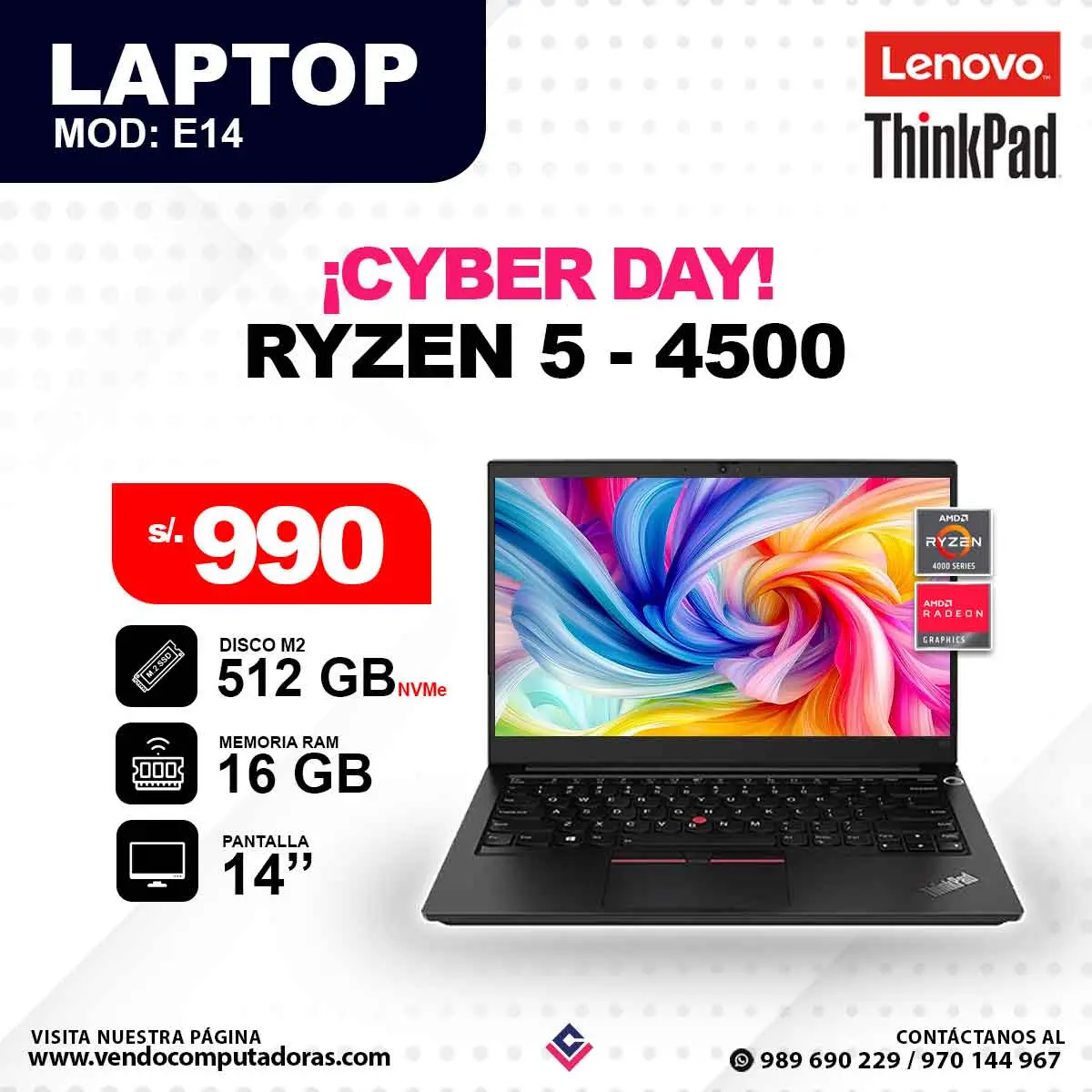 Laptop LENOVO Ryzen 5 - 4500 E14