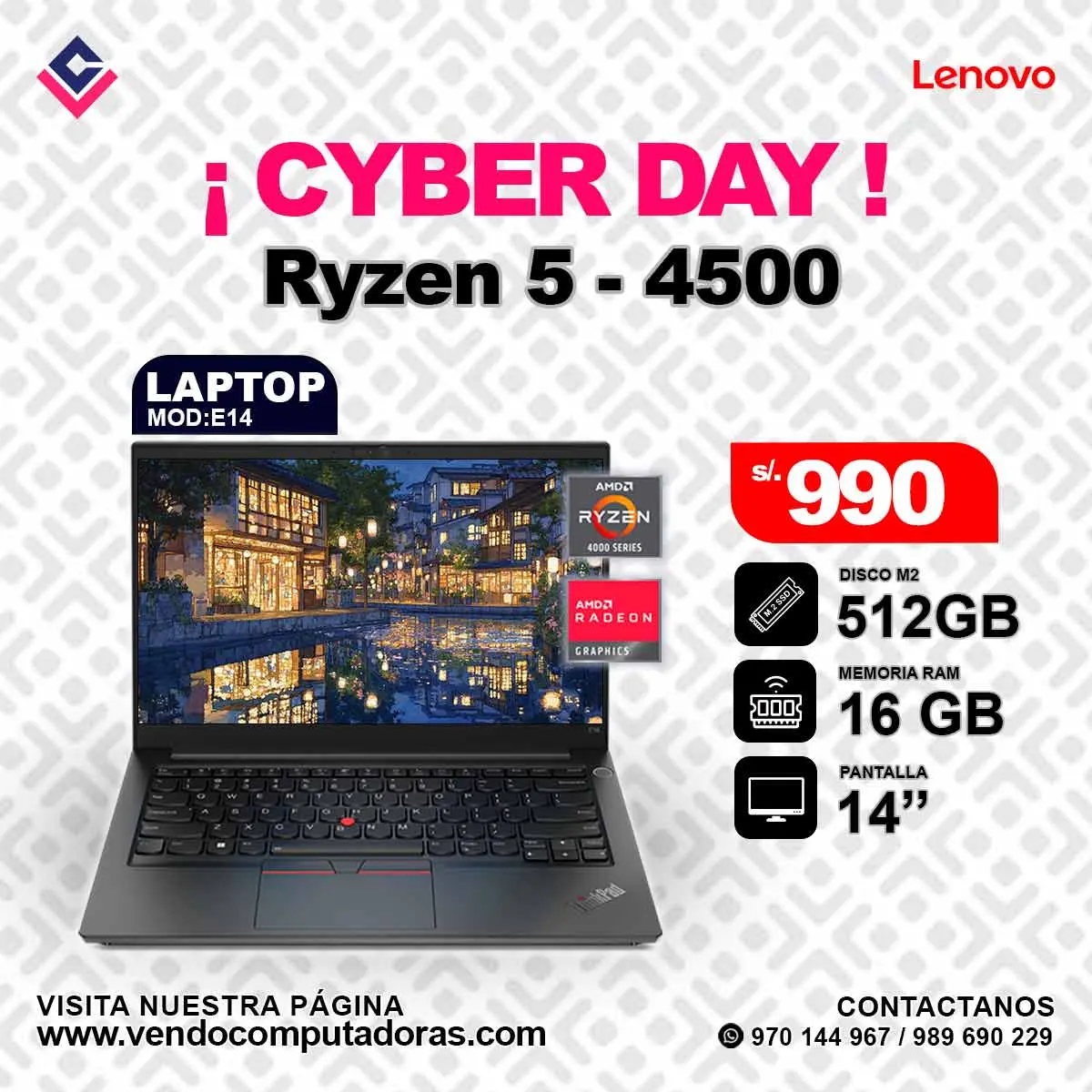 Laptop Lenovo RYZEN 5 - 4500 E14