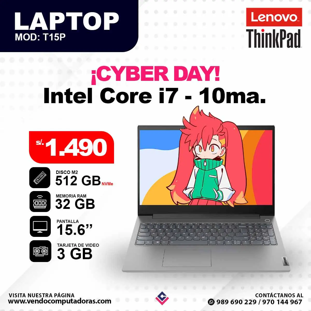 Laptop LENOVO THINKPAD Intel Core i7 - 8va - T15P