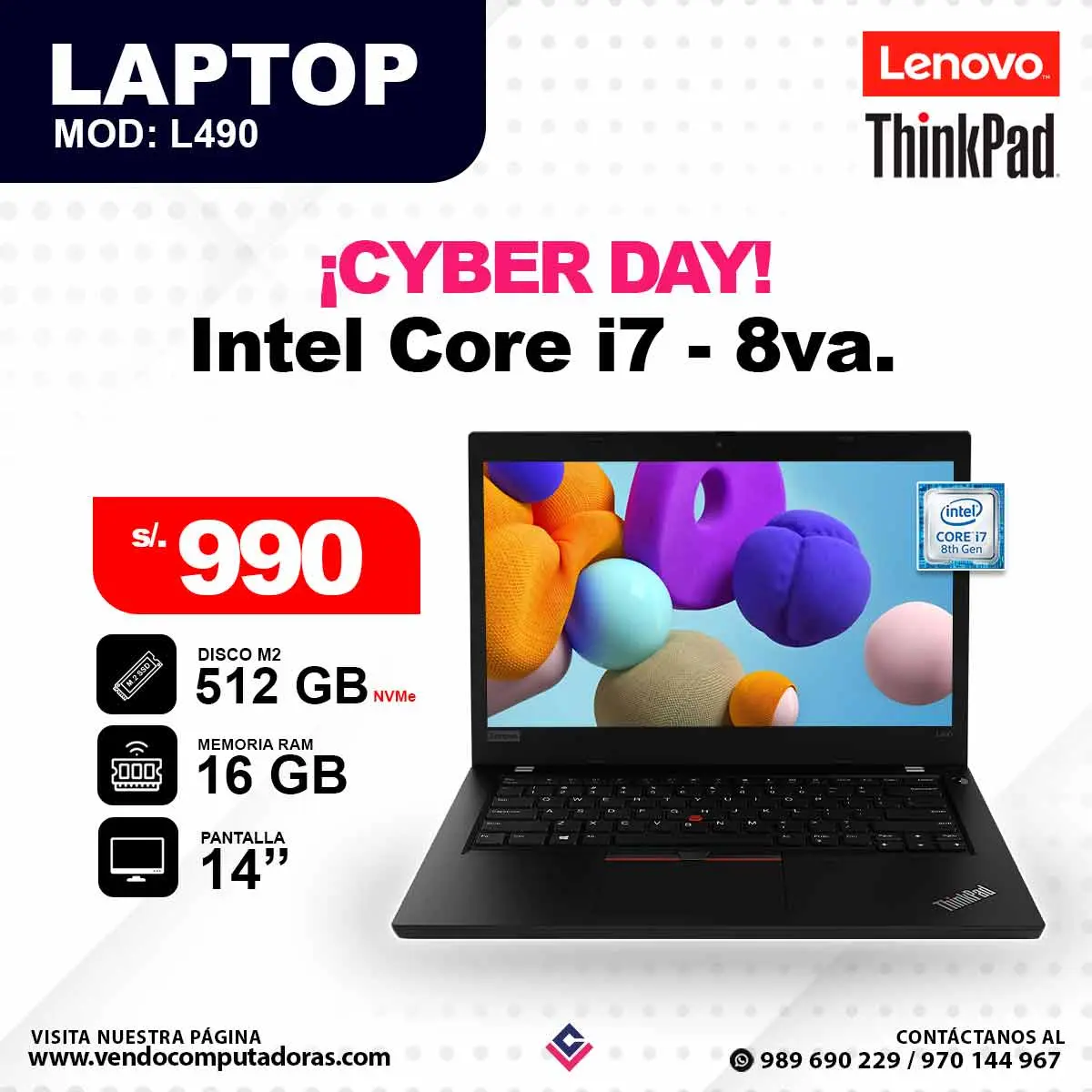 Laptop LENOVO Intel Core i7 - 8va. L490