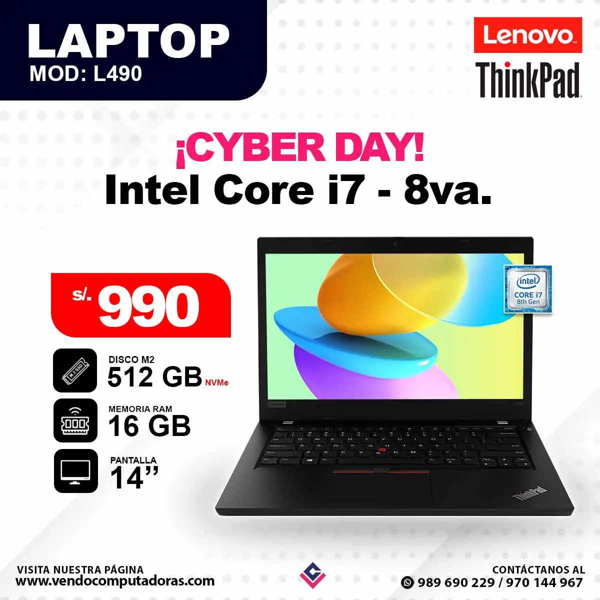 Laptop LENOVO Intel Core i7 - 8va. L490