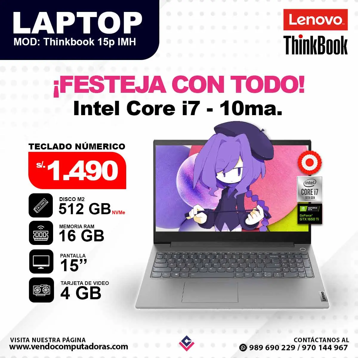 Laptop LENOVO THINKBOOK Core i7 - 10ma. Generación