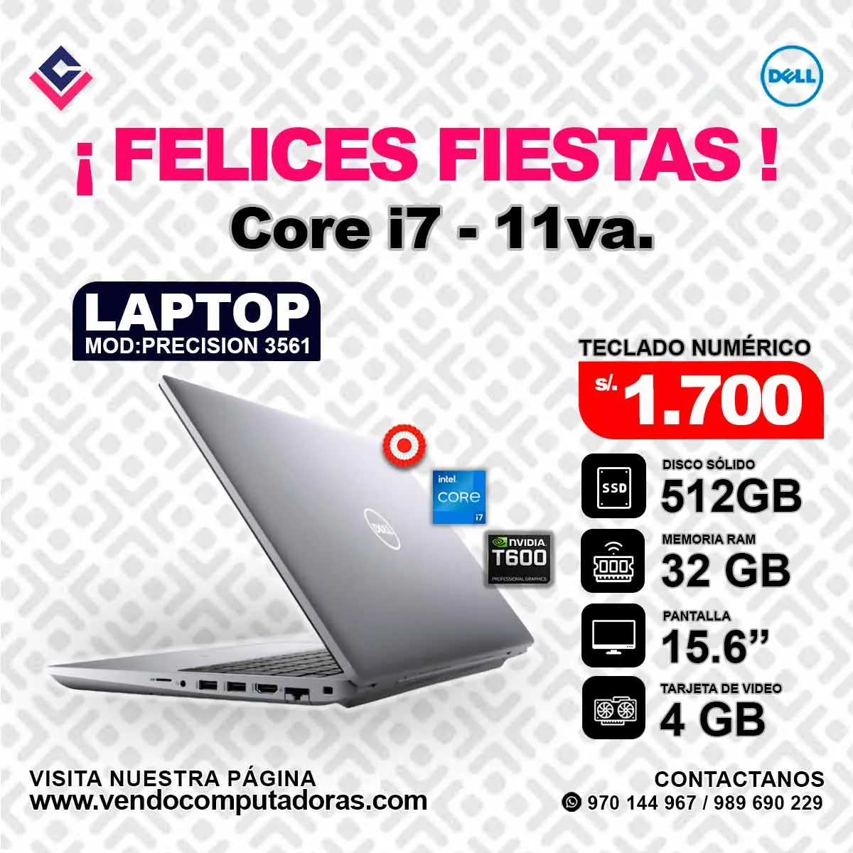 Laptop DELL Intel Core i7 - 11va. PRECISION 3561