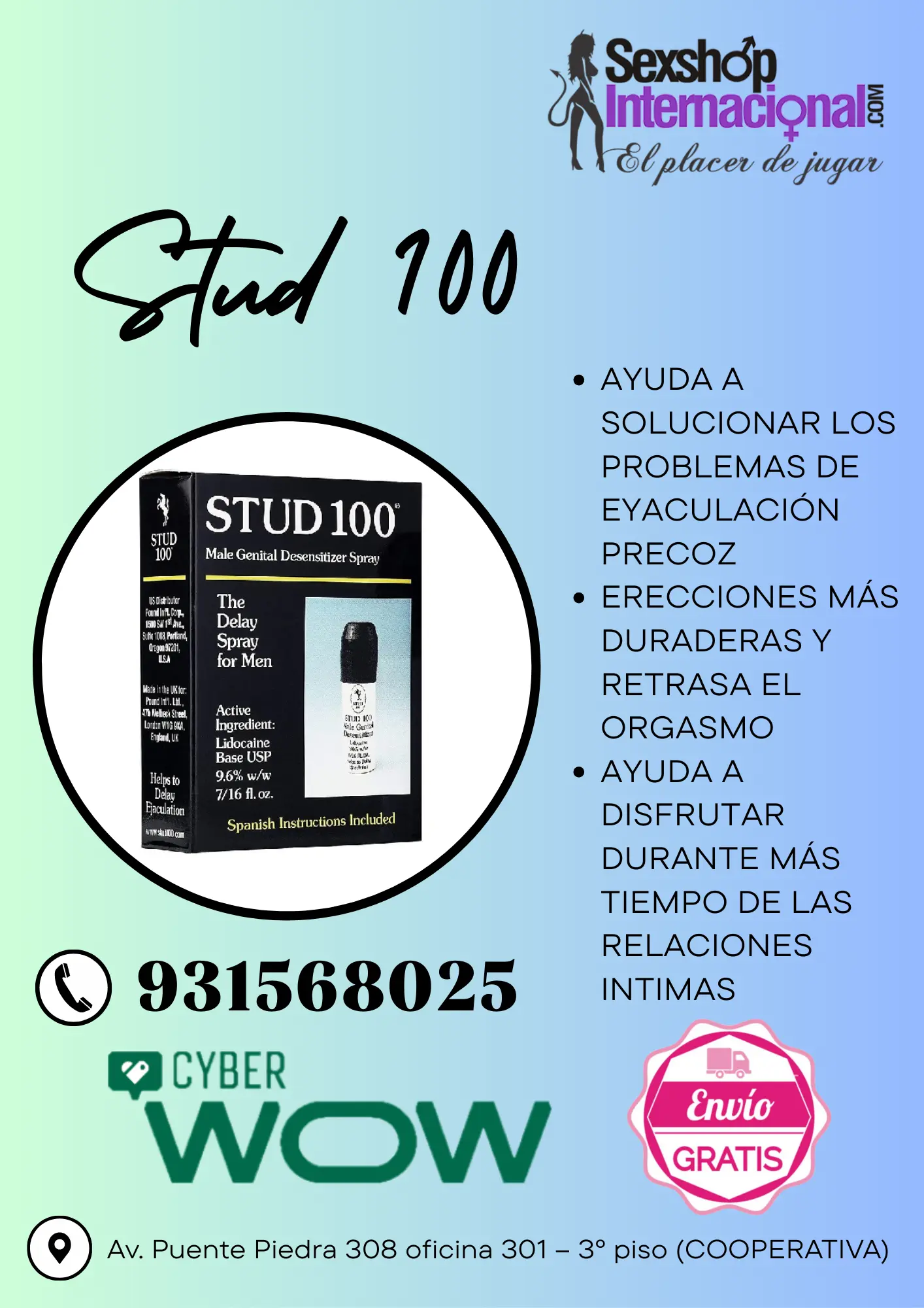 STUD 100 RETARDANTE SPRAY RETARDANTE DURA MAS DE 1 HORA EN L