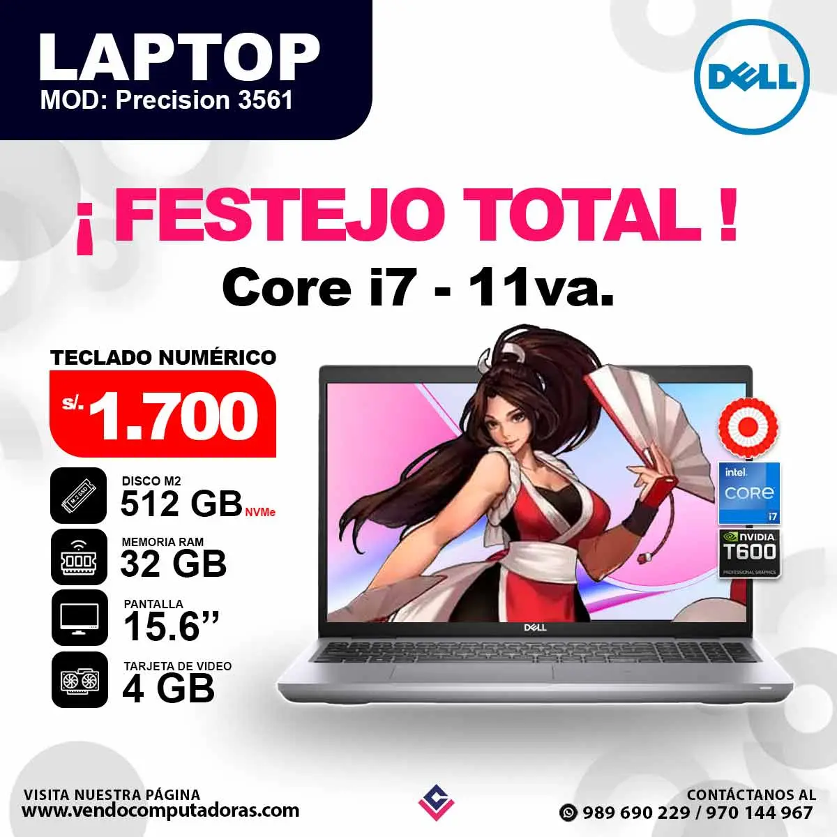 Laptop DELL core i7 - 11va. PRECISION 3561