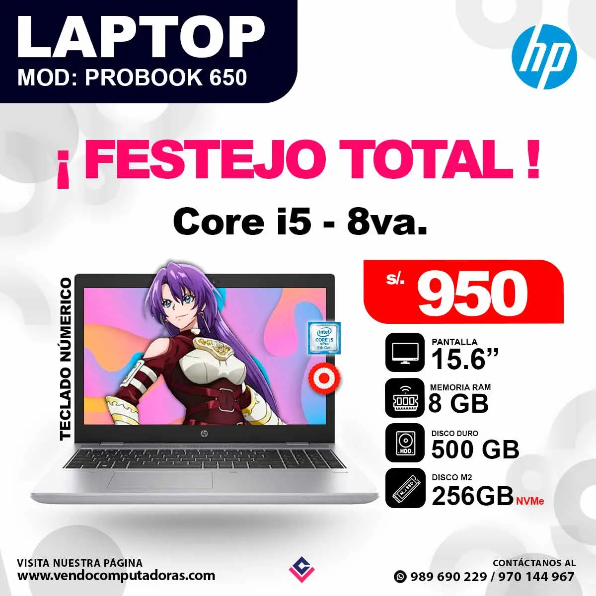 Laptop HP core i5 - 8va. PROBOOK 650 G4