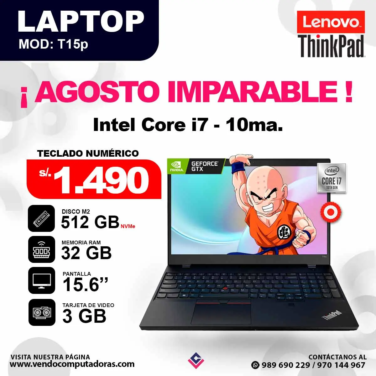 Laptop LENOVO THINKPAD core i7 - 10ma. ThinkPad T15p