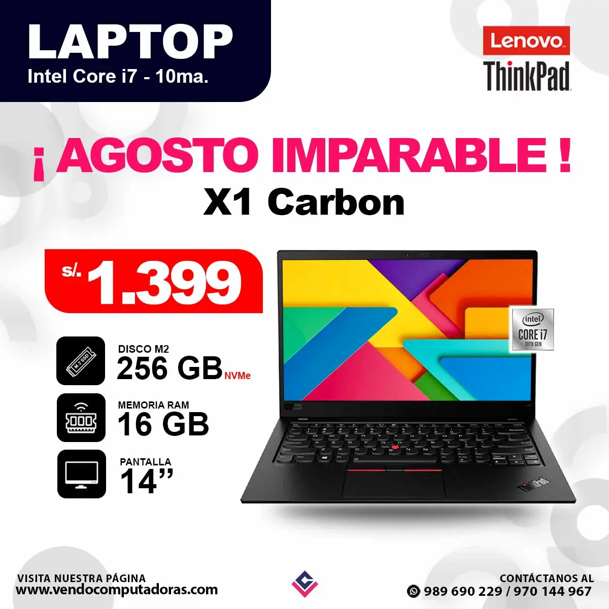 Laptop LENOVO THINKPAD core i7 - 10ma X1 Carbon Gen 8