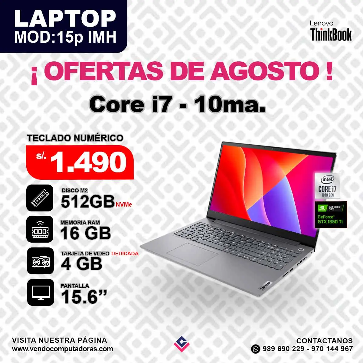 Laptop LENOVO THINKBOOK Intel Core i7-10ma.