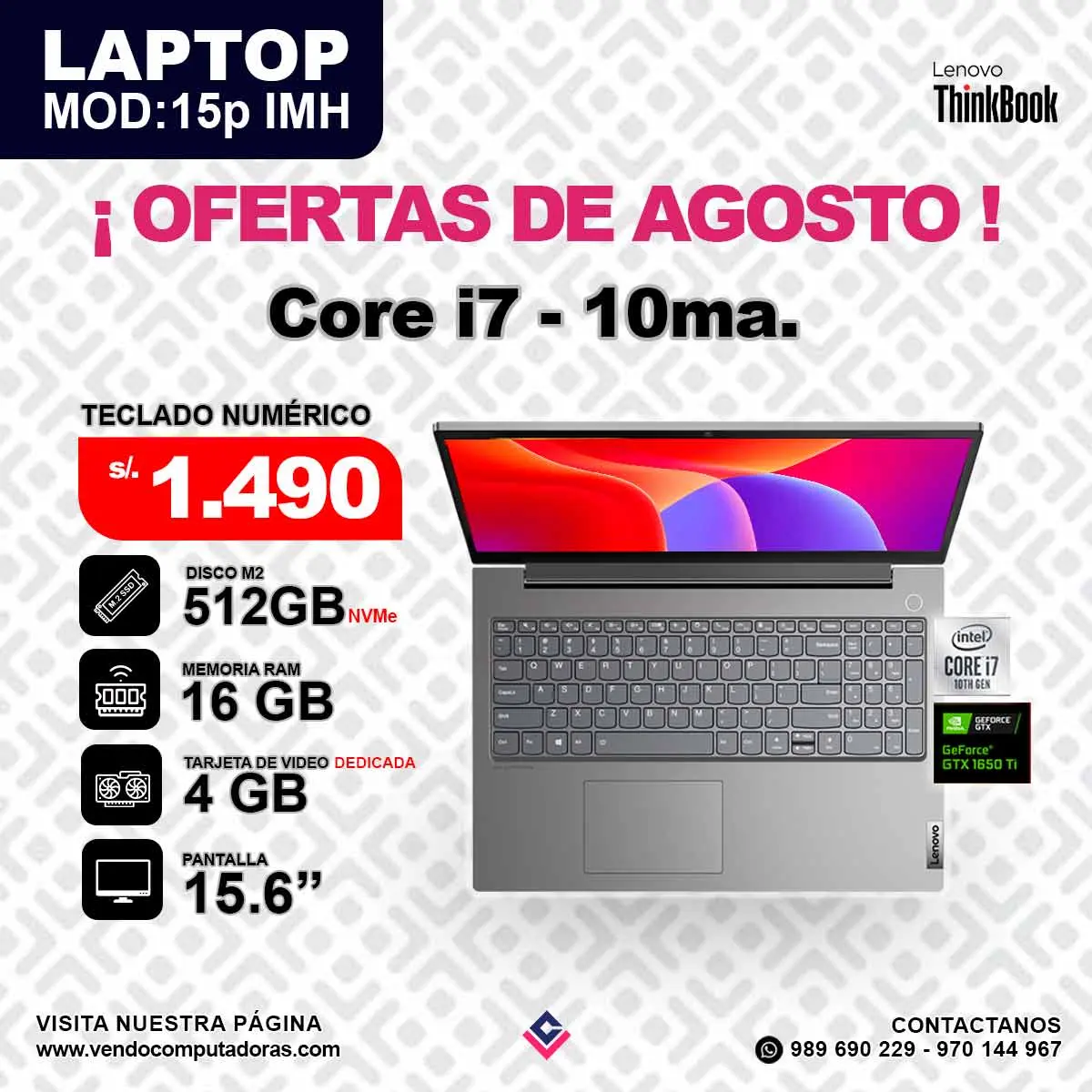 Laptop LENOVO THINKBOOK Intel Core i7-10ma.