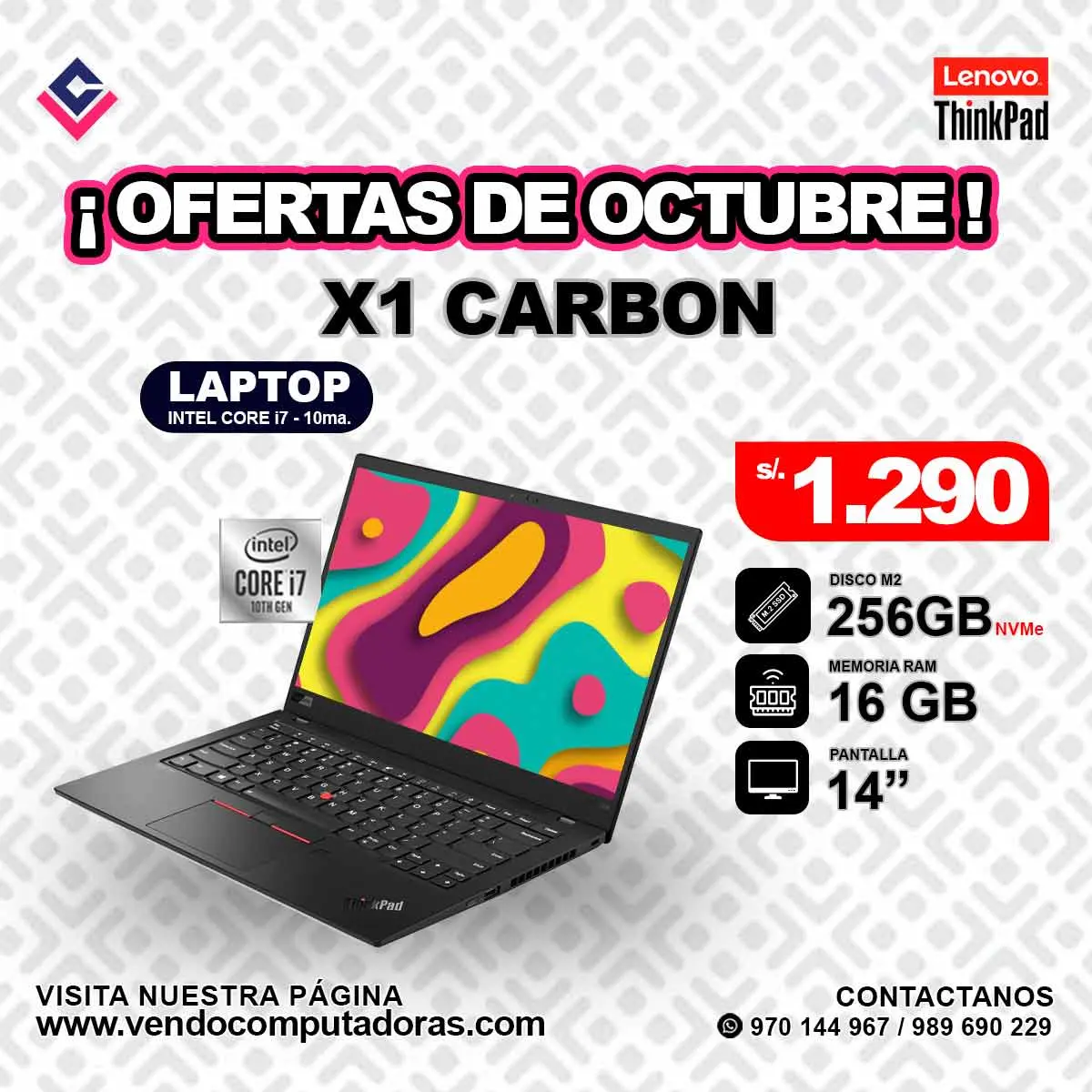 Laptop Lenovo Thinkpad X1 Carbon Intel core i7 10ma.